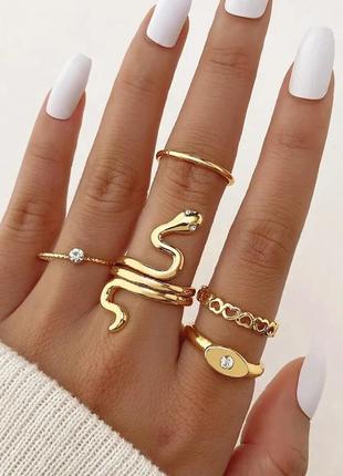 Набор колец золотистие кольца кольцо со змеей кольцо с цирконом золотистое колечко со змеей масивно кольцо змея
