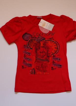 Летняя футболка красная девочке принт часы