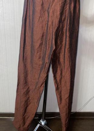 Шикарные винтажные брюки лен вискоза коричневые высокая посадки4 фото