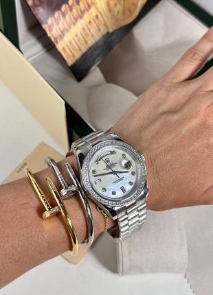 Годинник часы наручные женские серебристые камни стразы брендовые в стиле ролекс rolex5 фото