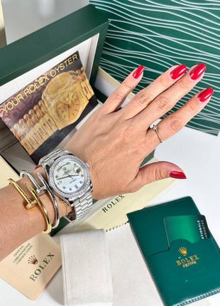 Годинник часы наручные женские серебристые камни стразы брендовые в стиле ролекс rolex7 фото