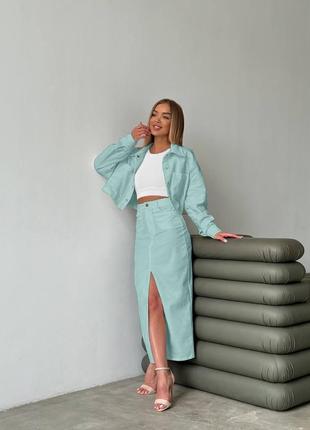 Костюм юбка + пиджак на пуговицах длинная юбка с распоркой3 фото