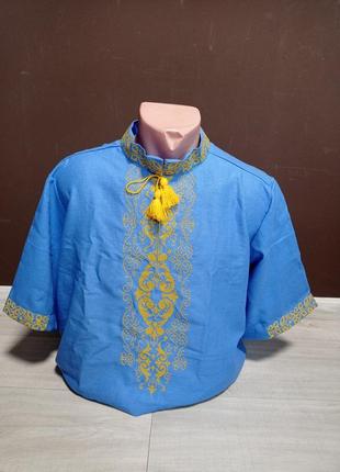 Детская голубая вышиванка с вышивкой для мальчика подростка  украинатд на 6-16 лет лен1 фото