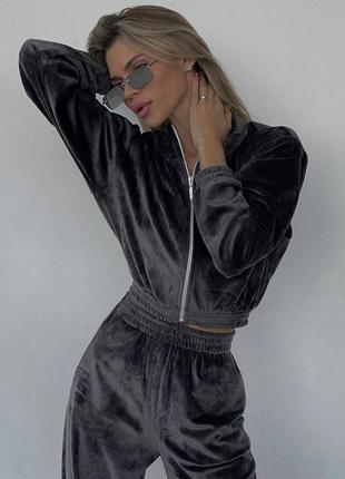 Спортивний жіночий костюм графітовий велюровий  зіп худі на блискавці з капішоном штани вільного крою якісний трендовий