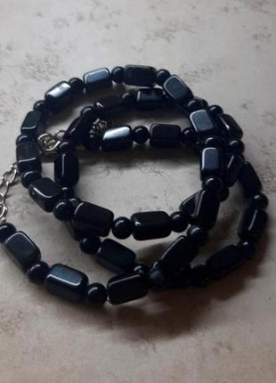 Ожерелье серьги лот колье чёрн бус кульчики браслет набор гемат висюл hand made4 фото