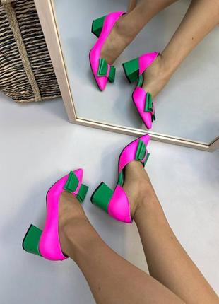 Яскраві туфлі човники лодочки з бантиком рожеві з зеленим7 фото