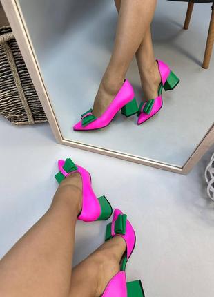 Яскраві туфлі човники лодочки з бантиком рожеві з зеленим6 фото
