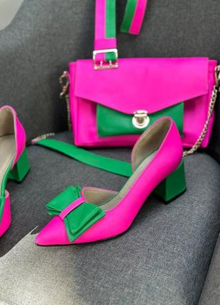 Яскраві туфлі човники лодочки з бантиком рожеві з зеленим10 фото