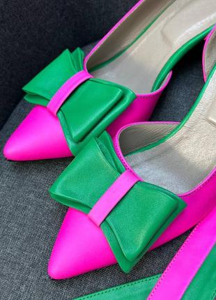 Яскраві туфлі човники лодочки з бантиком рожеві з зеленим4 фото