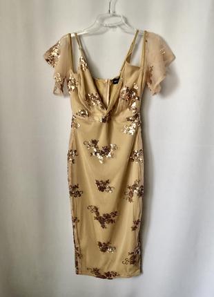 Plt сукня міді бежева золота ошатна з пайетками спущені плечі7 фото