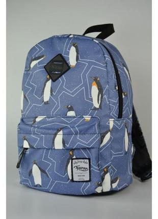 Школьный детский рюкзак с узором для девочки с зайчиками синий с пингвинами