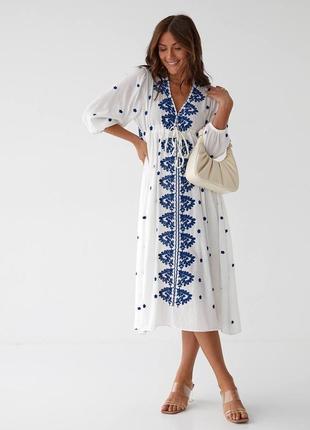 Стильное трендовое белое платье-вышиванка, платье вышитое миди, платье с вышивкой летняя/лето-женская одежда