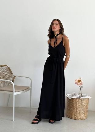 Длинное платье комбинация в бельевом стиле сарафан на тонких бретелях в пол черный пудра оливка миди макси с поясом