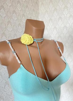 Трендовый аксессуар на шею цветок чокер желто голубой ручная работа10 фото