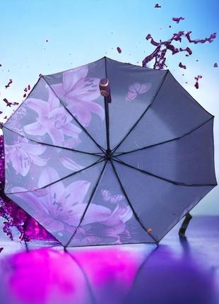 "лилии в тени: черный зонт с фиолетовыми лилиями и сатиновой тканью"4 фото
