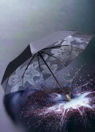 "грация черного и белого: зонт с белыми лилиями, 9 спицами и сатиновой тканью"5 фото