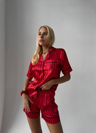 Пижама vs в стиле виктория секрет красная шорты рубашка для дома и сна шелк сатин2 фото
