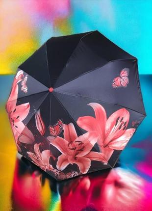 "красный акцент: зонт с красными лилиями на сатиновой ткани и 9 спицами"1 фото