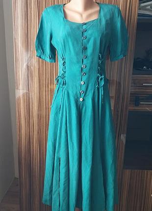 Винтажное зелёное шёлковое длинное платье на пуговицах 100% шёлк