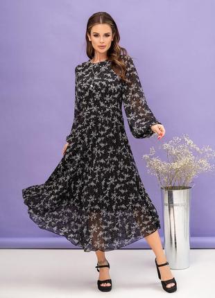 Черное миди платье с мелким цветочным принтом s-xl