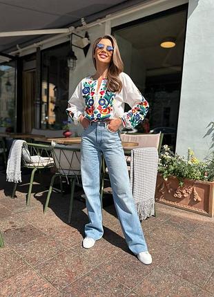 Классическая стильная белая женская вышиванка, рубашка вышитая, блуза с вышивкой...