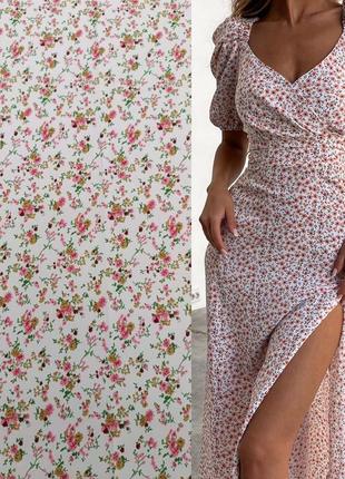 Платье миди в цветочек с декольте на запах разрезом на ножке короткими рукавами фонариками на резинке жёлтое белое малина пудра