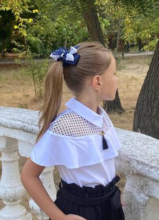 Біла нарядна блузка для дівчинки підлітка з коротким рукавом шкільна святкова блуза в школу3 фото