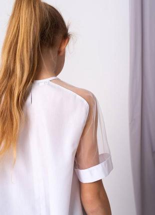 Белая нарядная блузка туника для девочки подростка с коротким рукавом натуральный хлопок школьная праздничная блуза в школу5 фото