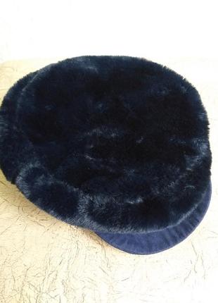Теплая кепка на меху. шапка с козырьком. фуражка. синяя, зимняя, под замш.6 фото
