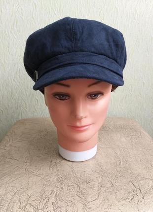 Теплая кепка на меху. шапка с козырьком. фуражка. синяя, зимняя, под замш.2 фото