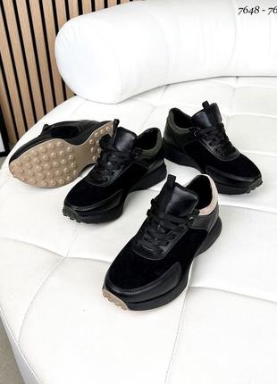 Кроссовки женские из натуральной кожи и замши черные