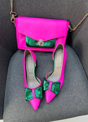 Яскраві шкіряні туфлі човники лодочки + сумка клатч в колір6 фото
