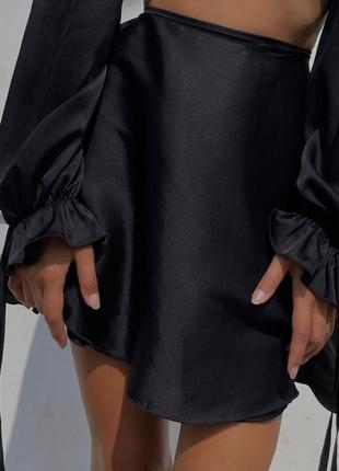 Жіночий легкий чорний шовковий комплект(топ+спідниця) літо тренд 20232 фото