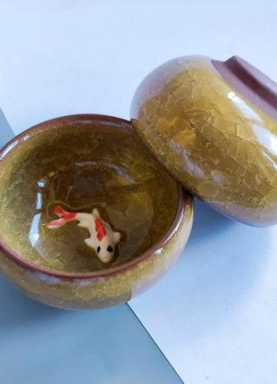 Пиала для чая кои "колотый лёд" жёлтая2 фото