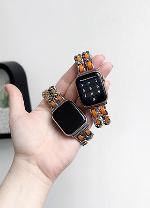 Ремешок металлический кожаные вставки apple watch 38 40 41 42 44 45 49