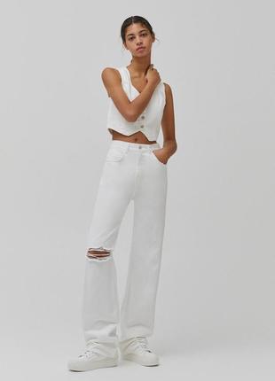 Широкие рваные джинсы с высокой посадкой pull & bear не zara джинсовые кюлоты рваные широкие брюки