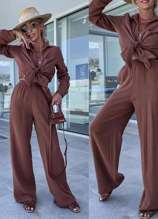 Женский деловой стильный классный классический удобный модный трендовый костюм модный брюки брюки брюки и рубашка рубашка + топ пудра мокко4 фото