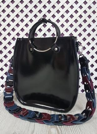 Оригінальна жіноча шкіряна сумка, чорний глянець 17101 фото
