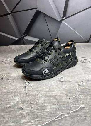 Стильные мужские кроссовки адедас adidas весенне-осенние, черный+хаки, кожаные/кожа-мужская обувь3 фото