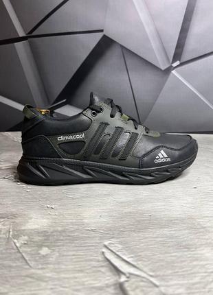 Стильные мужские кроссовки адедас adidas весенне-осенние, черный+хаки, кожаные/кожа-мужская обувь