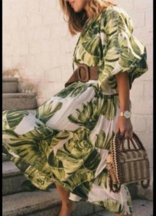 Новое ярусное платье миди h&m хлопковое платье баллон тропический принт пальмовые листья