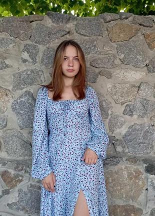 Платье штапель голубое с цветами,миди3 фото