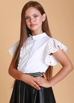 Біла нарядна блузка для дівчинки підлітка з коротким рукавом шкільна святкова блуза в школу