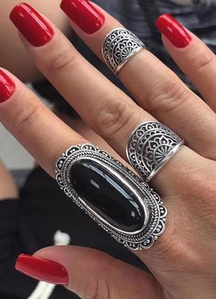 Набор колец черный камень массивные кольца на все пальцы фаланги