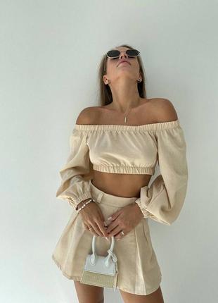 Жіночий літній костюм комплект якісний топ + спідниця-шорти з 
легкої натуральної літньої тканина лляний бежевий молочний оливковий1 фото
