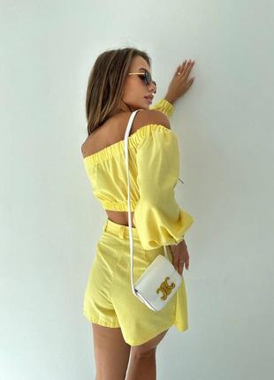 Женский летний костюм комплект качественный топ + юбка-шорты из легкой натуральной летней ткани льняной желтый синий10 фото