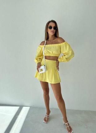 Женский летний костюм комплект качественный топ + юбка-шорты из легкой натуральной летней ткани льняной желтый синий8 фото