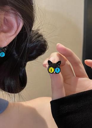 Сережки "котики" чорні з жовто-блакитними очима, сережки, прикраси, срібло, подарунок, сережки з чорними котиками2 фото