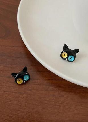 Сережки "котики" чорні з жовто-блакитними очима, сережки, прикраси, срібло, подарунок, сережки з чорними котиками4 фото