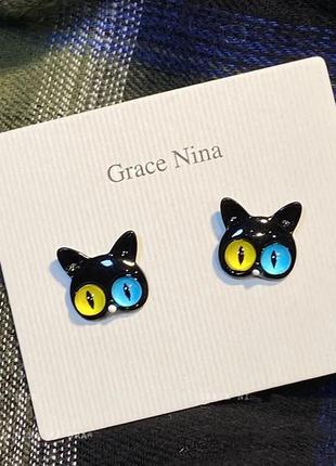 Сережки "котики" чорні з жовто-блакитними очима, сережки, прикраси, срібло, подарунок, сережки з чорними котиками1 фото
